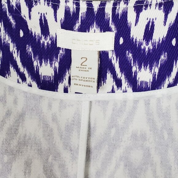 Chico's 2 Size L Jacket Open Collarless Blazer Pockets Cuff Sleeves Ikat Purple - Picture 7 of 7